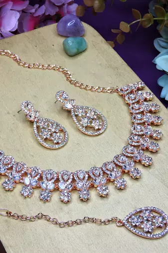 White rose gold premium designer american diamond and stone work necklace set