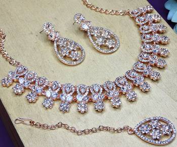 White rose gold premium designer american diamond and stone work necklace set 3