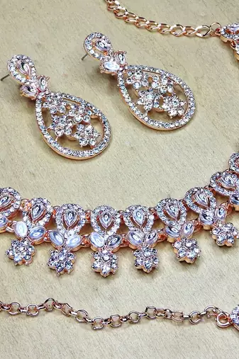 White rose gold premium designer american diamond and stone work necklace set