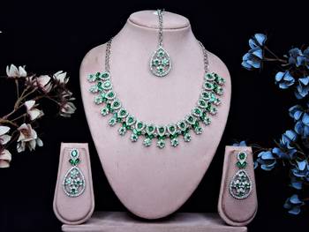 Green rhodium premium designer american diamond and stone work necklace set 1