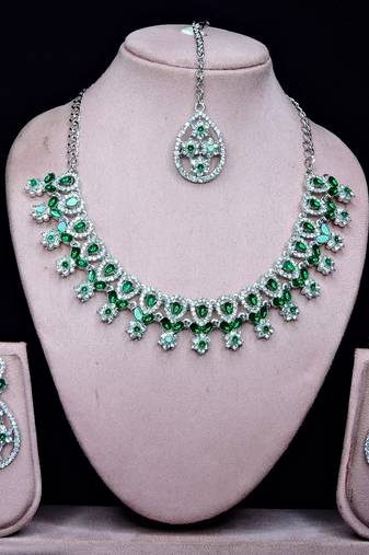 Green rhodium premium designer american diamond and stone work necklace set