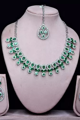 Green rhodium premium designer american diamond and stone work necklace set