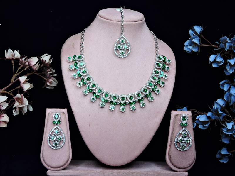 Green rhodium premium designer american diamond and stone work necklace set