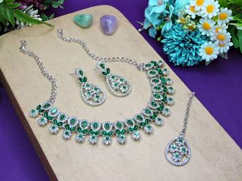 Green rhodium premium designer american diamond and stone work necklace set 2