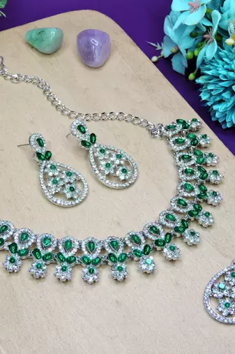 Green rhodium premium designer american diamond and stone work necklace set