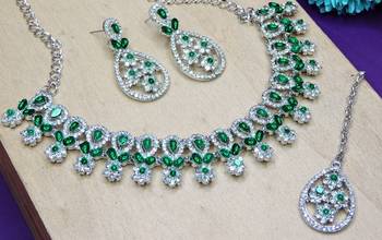 Green rhodium premium designer american diamond and stone work necklace set 3
