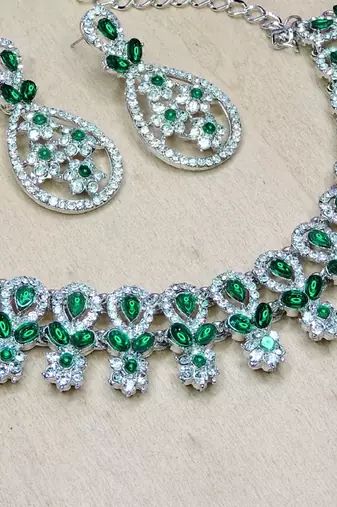 Green rhodium premium designer american diamond and stone work necklace set