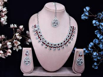 Maroon rhodium premium designer american diamond and stone work necklace set 1