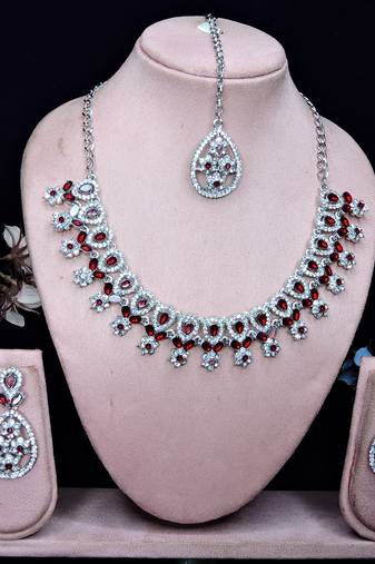 Maroon rhodium premium designer american diamond and stone work necklace set