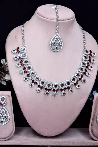 Maroon rhodium premium designer american diamond and stone work necklace set