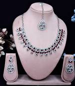 Maroon rhodium premium designer american diamond and stone work necklace set
