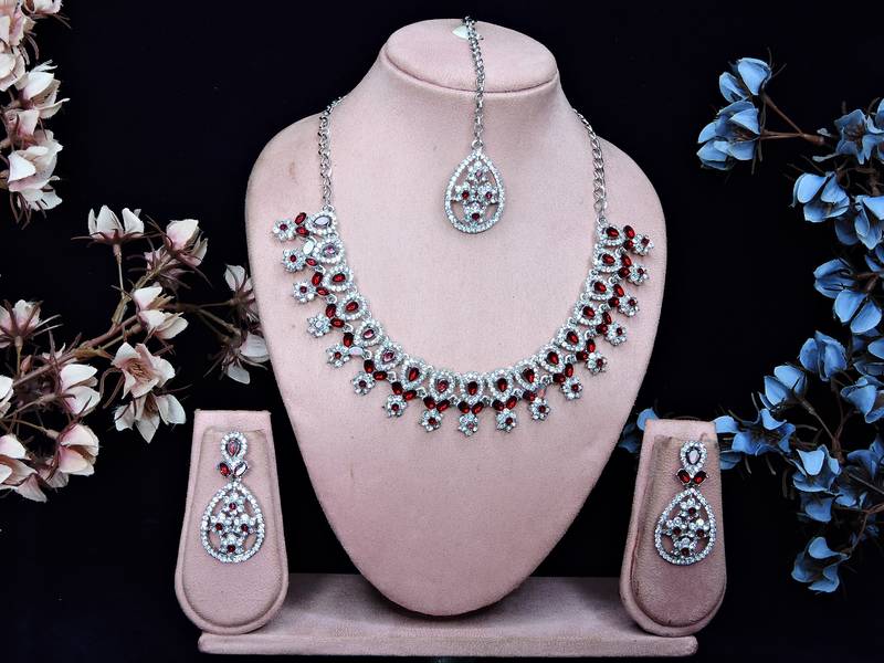 Maroon rhodium premium designer american diamond and stone work necklace set