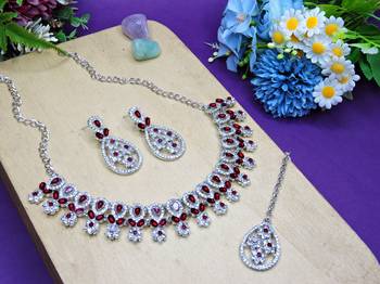 Maroon rhodium premium designer american diamond and stone work necklace set 2