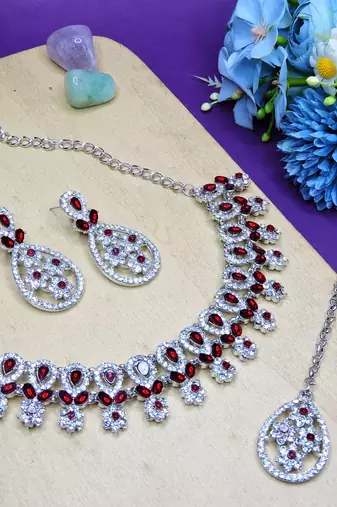 Maroon rhodium premium designer american diamond and stone work necklace set