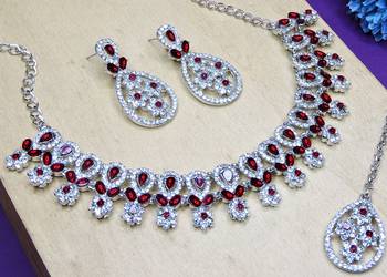 Maroon rhodium premium designer american diamond and stone work necklace set 3