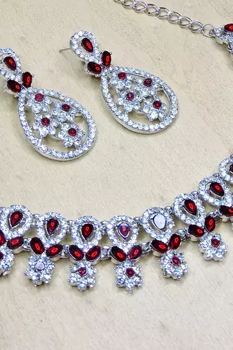 Maroon rhodium premium designer american diamond and stone work necklace set