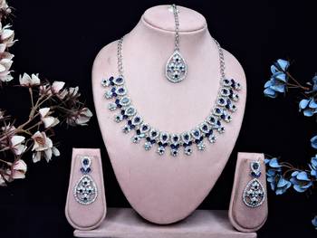 Blue rhodium premium designer american diamond and stone work necklace set 1