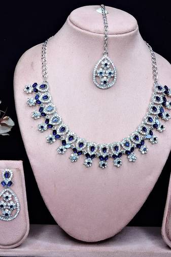 Blue rhodium premium designer american diamond and stone work necklace set