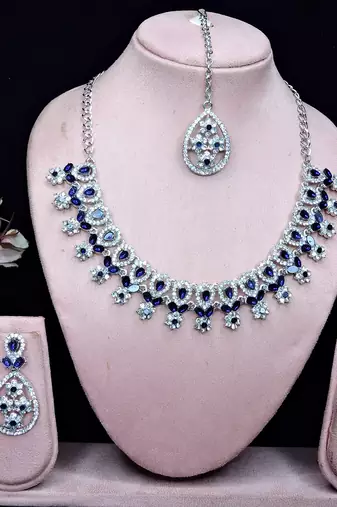 Blue rhodium premium designer american diamond and stone work necklace set