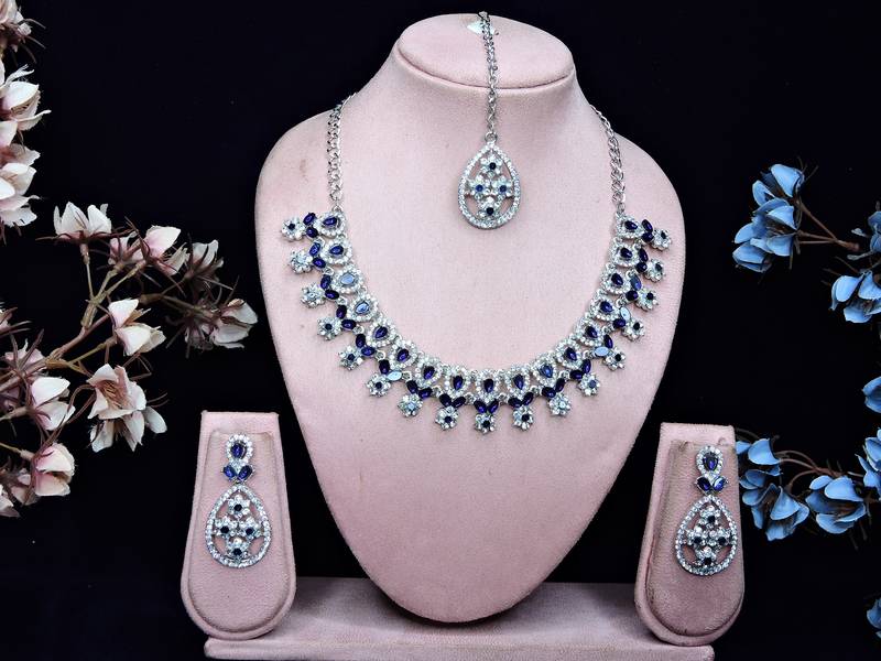 Blue rhodium premium designer american diamond and stone work necklace set