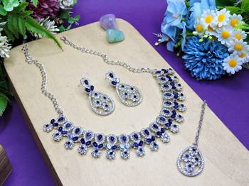 Blue rhodium premium designer american diamond and stone work necklace set 2