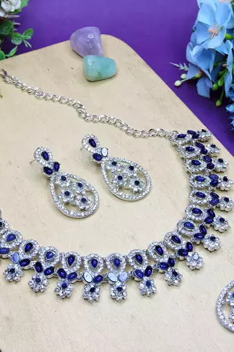 Blue rhodium premium designer american diamond and stone work necklace set