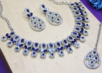 Blue rhodium premium designer american diamond and stone work necklace set 3