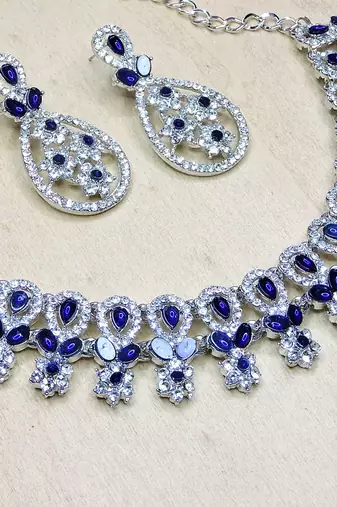 Blue rhodium premium designer american diamond and stone work necklace set