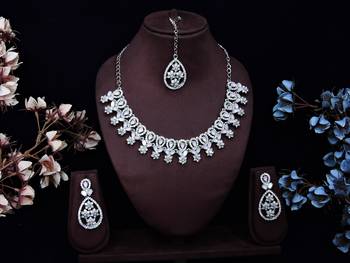 Pink rhodium premium designer american diamond and stone work necklace set 1