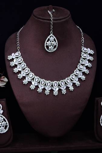 Pink rhodium premium designer american diamond and stone work necklace set