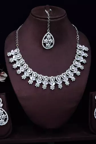 Pink rhodium premium designer american diamond and stone work necklace set