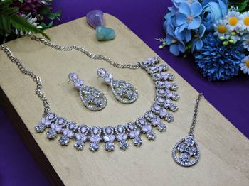 Pink rhodium premium designer american diamond and stone work necklace set 2