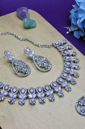 Pink rhodium premium designer american diamond and stone work necklace set