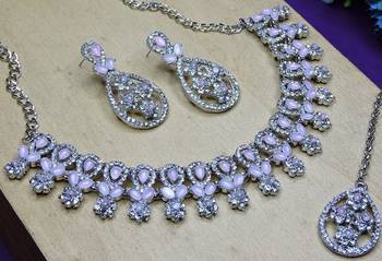 Pink rhodium premium designer american diamond and stone work necklace set 3