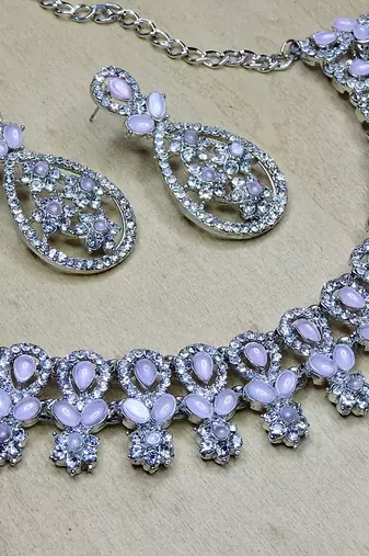 Pink rhodium premium designer american diamond and stone work necklace set