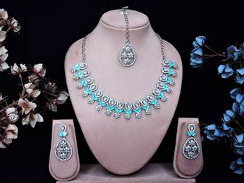Green rhodium premium designer american diamond and stone work necklace set 1
