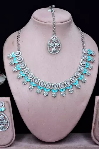 Green rhodium premium designer american diamond and stone work necklace set