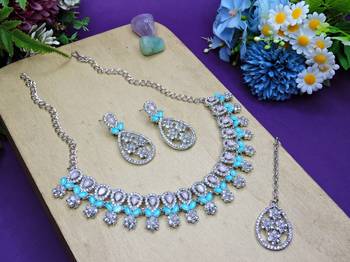 Green rhodium premium designer american diamond and stone work necklace set 2