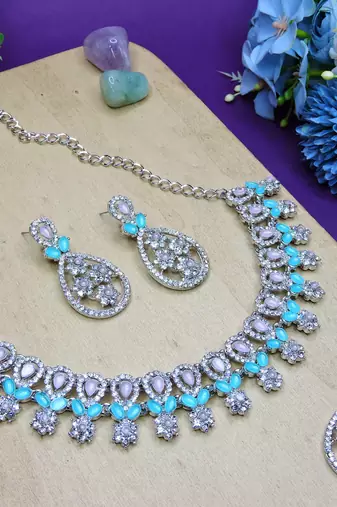 Green rhodium premium designer american diamond and stone work necklace set