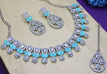 Green rhodium premium designer american diamond and stone work necklace set 3