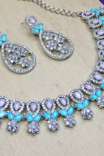 Green rhodium premium designer american diamond and stone work necklace set