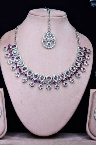Purple rhodium premium designer american diamond and stone work necklace set