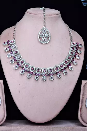 Purple rhodium premium designer american diamond and stone work necklace set