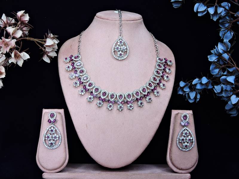 Purple rhodium premium designer american diamond and stone work necklace set
