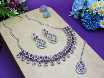 Purple rhodium premium designer american diamond and stone work necklace set 2