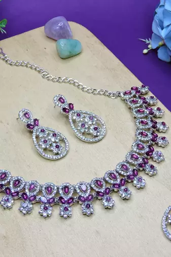 Purple rhodium premium designer american diamond and stone work necklace set