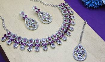 Purple rhodium premium designer american diamond and stone work necklace set 3