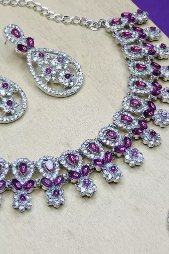 Purple rhodium premium designer american diamond and stone work necklace set