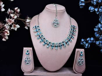 Blue rhodium premium designer american diamond and stone work necklace set 1
