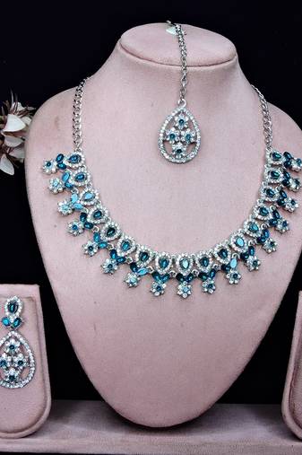 Blue rhodium premium designer american diamond and stone work necklace set